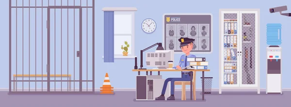 Police station office and a policeman working — Stock Vector