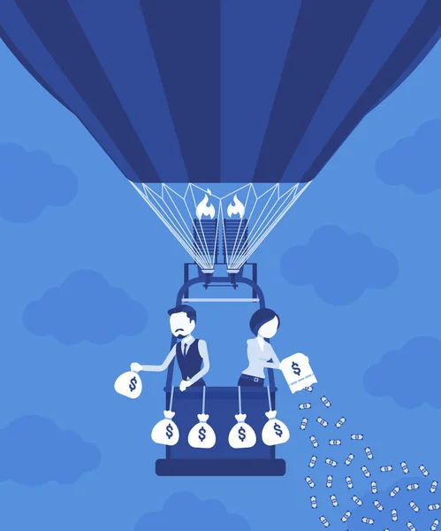 Empresários em balão de ar quente investindo dinheiro para lucro futuro —  Vetores de Stock