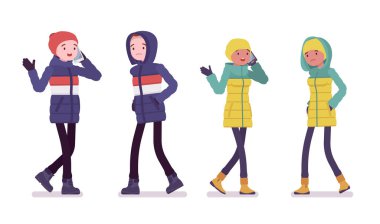 Young man and woman in down jacket walking, phone talking vector Young man and woman in down jacket walking, phone talking vector