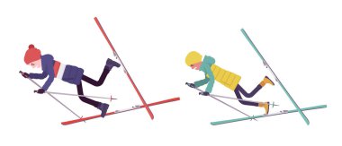 Genç adam, kadın ceket düşen, yanlış Kayak tekniği aşağı