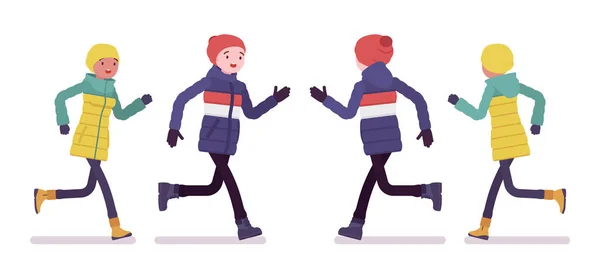 Молодий чоловік і жінка в піджаку біжить — стоковий вектор