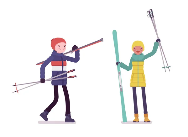 Jeune homme et femme en duvet tenant des skis — Image vectorielle