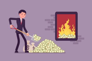 Businessman adding money fuel to a large closed fire clipart