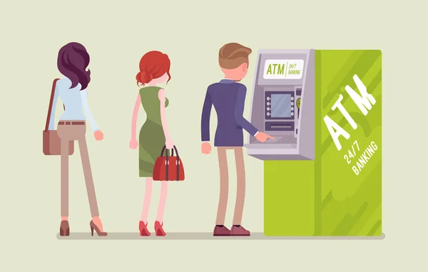 Orang-orang mengantri di ATM - Stok Vektor