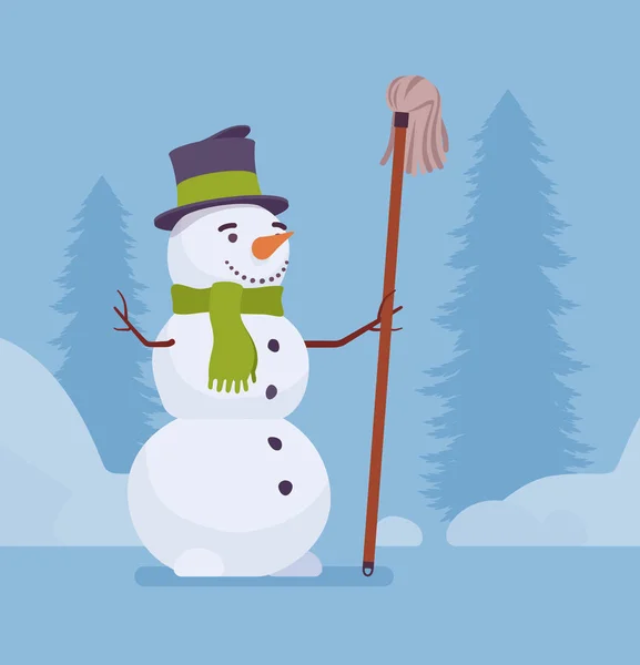 Figura muñeco de nieve lindo con una fregona — Vector de stock