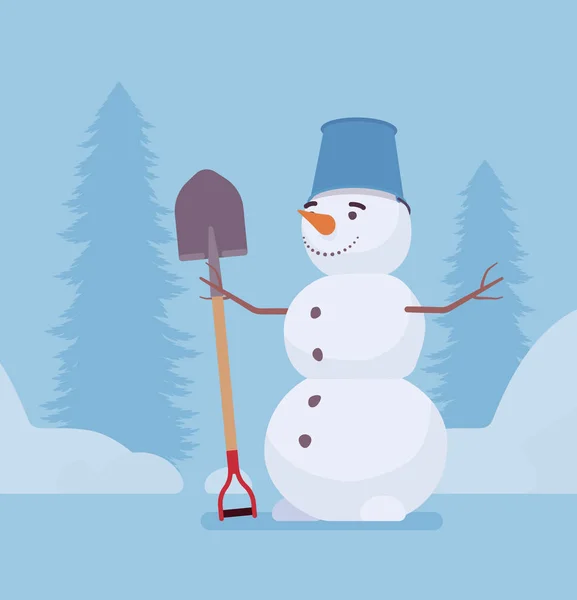 Muñeco de nieve divertido de pie con pala — Vector de stock