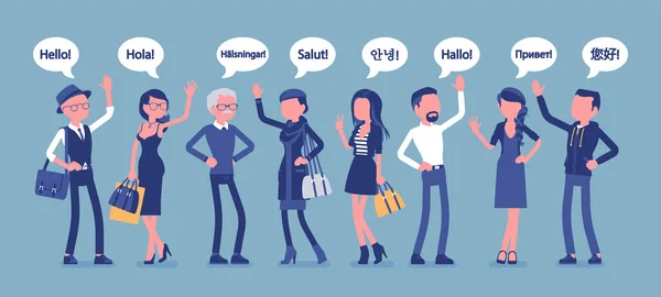 Привіт привітання на мовах і групі різних людей — стоковий вектор