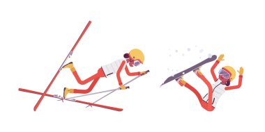 Sportif kadın Kayak Merkezi üzerinde kötü teknikte düşme