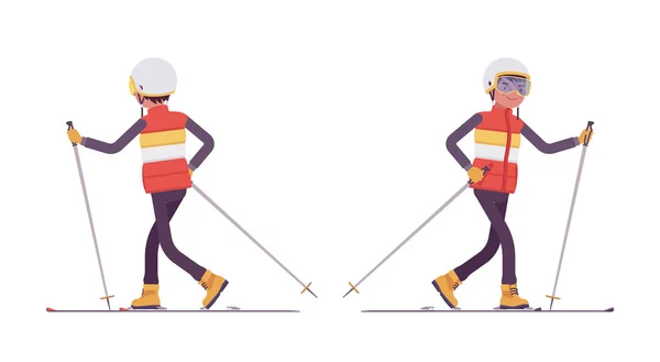 Sportiga mannen skidåkning, åtnjuter vinteraktiviteter utomhus på skidorten — Stock vektor