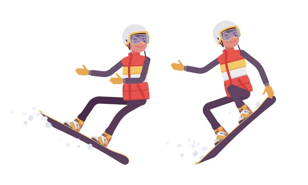 Sportlicher Mann Snowboard, genießt winterliche Outdoor-Aktivitäten im Skigebiet — Stockvektor