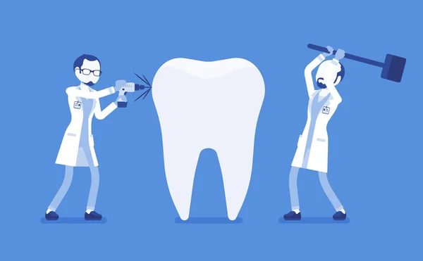 Dentistas ruins danificando dente saudável gigante — Vetor de Stock