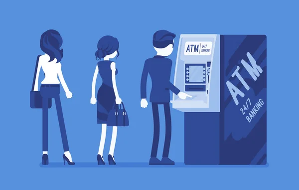 Orang-orang berdiri di jalur ATM - Stok Vektor