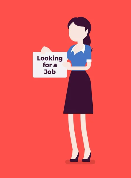 Woman with looking for a job advertisement sign — Stock Vector