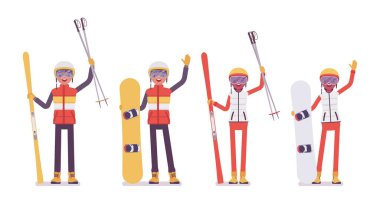 Sportif genç adam, kadın zevk kış açık hava etkinlikleri resort doğum