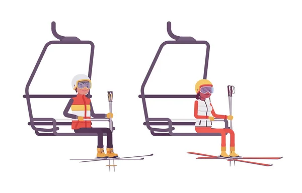 Sporty young man, woman at ski lift