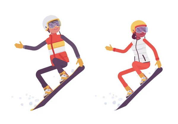 Sporty man and woman snowboarding, jump training