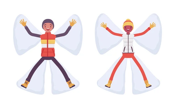 Jeune homme et femme font un ange de neige — Image vectorielle
