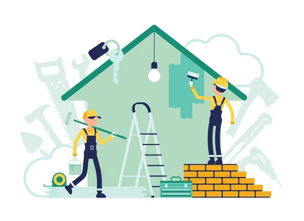 İnşaatçılar, daire tamiri yapıyor işçi boyama ev duvarları meşgul. — Stok Vektör