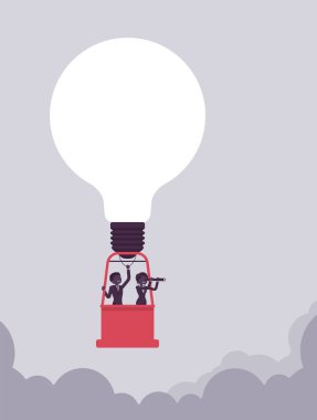 Harika bir fikir sıcak hava balonu lamba ampul, iş adamları ile