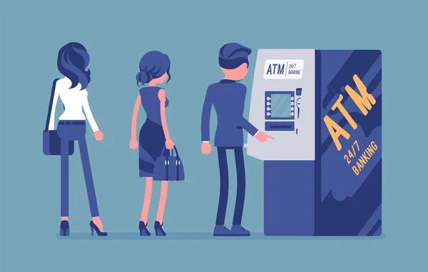 Люди, стоящие на линии банкомата — стоковый вектор