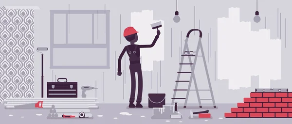 Reparação de apartamentos, paredes de pintura do trabalhador —  Vetores de Stock