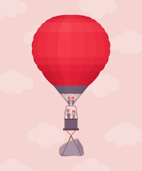 Ballon à air chaud avec des hommes d'affaires et un rocher — Image vectorielle