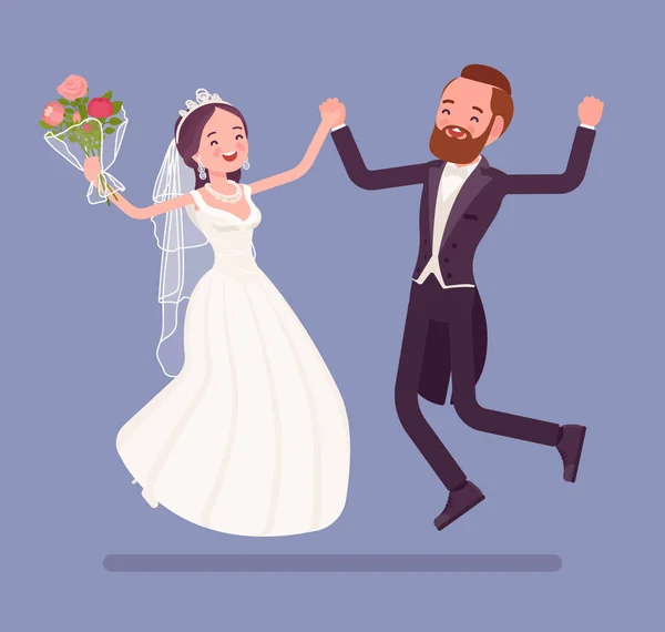 Νύφη και ιπποκόμος ευτυχισμένη άλμα για γαμήλια τελετή — Διανυσματικό Αρχείο