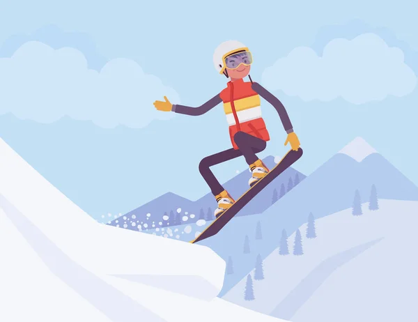 Активный спортсмен катается на сноуборде, прыгает — стоковый вектор