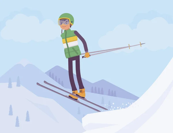 Aktiver Sportler Skifahren, Springen — Stockvektor