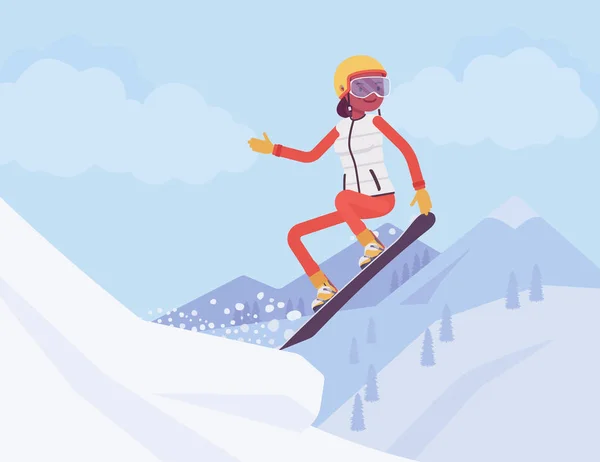 Mujer deportiva activa montando en snowboard, saltando — Archivo Imágenes Vectoriales