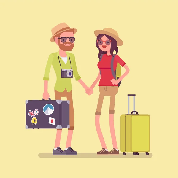 Turistas en traje de viaje con equipaje y maletas — Vector de stock