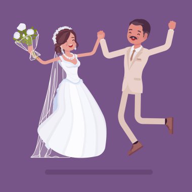 Gelin ve damat mutlu düğün üzerinde atlamak