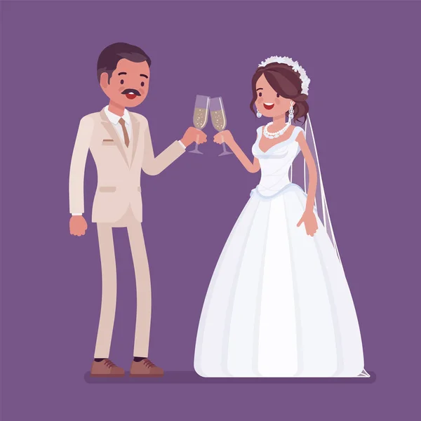 Menyasszony és a vőlegény elfogyaszthat egy italt, esküvő — Stock Vector