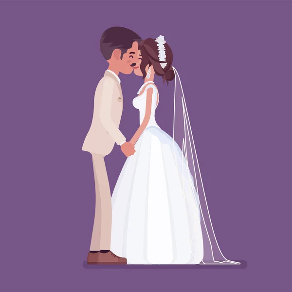 Novia y novio besándose en la ceremonia de boda — Vector de stock