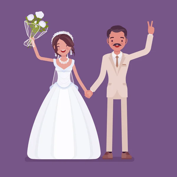 Novia y novio felices en la ceremonia de boda — Vector de stock