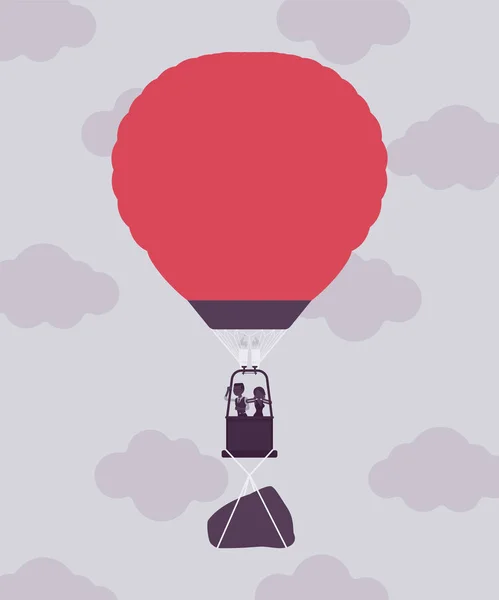 Balão de ar quente com empresários em voo e rock — Vetor de Stock