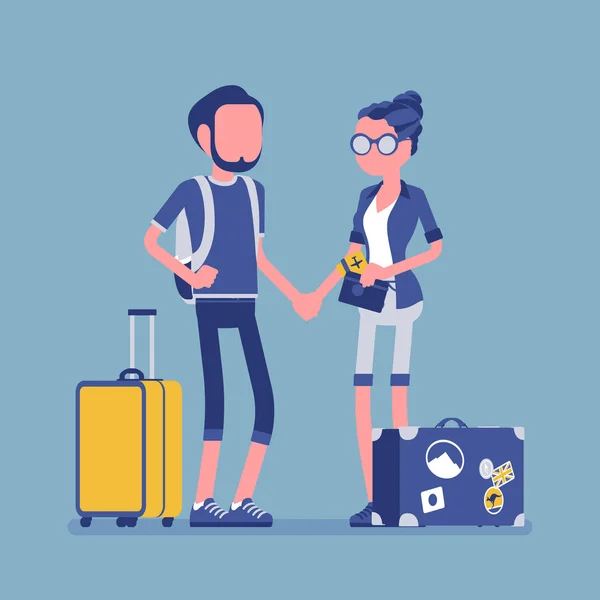 Touristen in Reisekleidung mit Gepäck und Koffern — Stockvektor