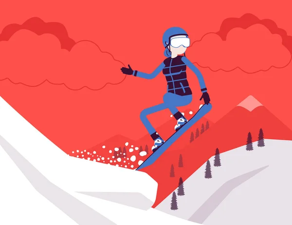 Mujer deportiva activa montando snowboard — Vector de stock