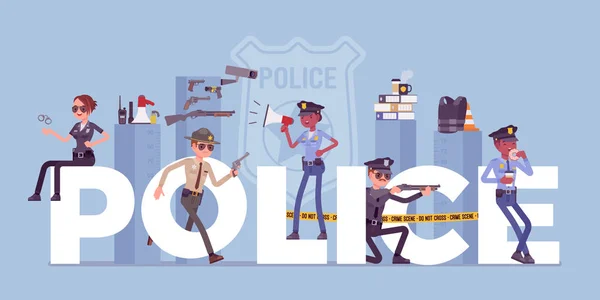 男性と女性の役員警察の巨大な文字 — ストックベクタ