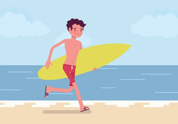 Sörfçü çocuğa bir plajda — Stok Vektör