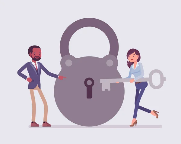 Lock and key, business problem and found solution — Stock Vector