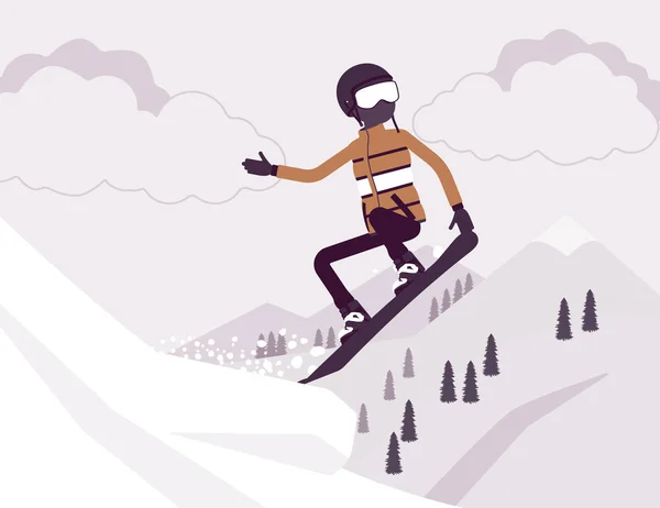 Hombre deportivo activo montando en snowboard, saltando — Vector de stock