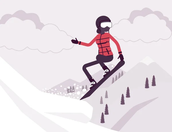 Mujer deportiva activa montando snowboard, saltando — Vector de stock