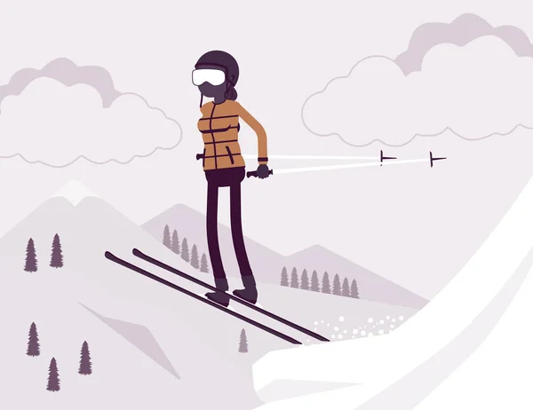 Активная спортсменка катается на лыжах, прыгает — стоковый вектор