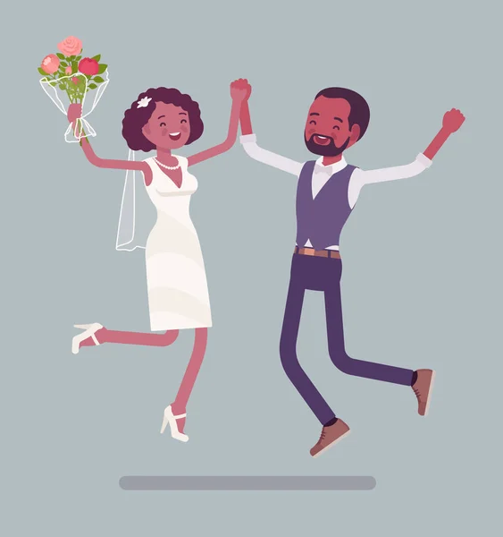 Panna młoda i pan młody szczęśliwy skok na ślub — Wektor stockowy