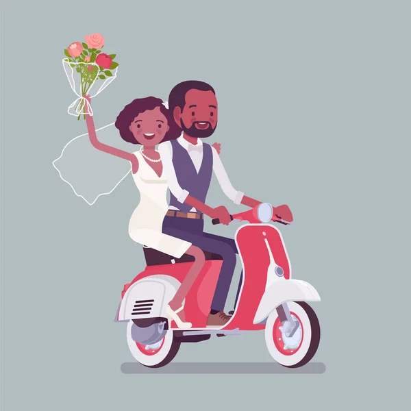 Novia, novio montar scooter en la ceremonia de boda — Vector de stock