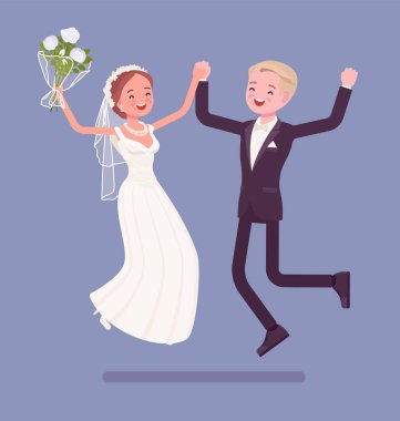 Gelin ve damat mutlu düğün üzerinde atlamak