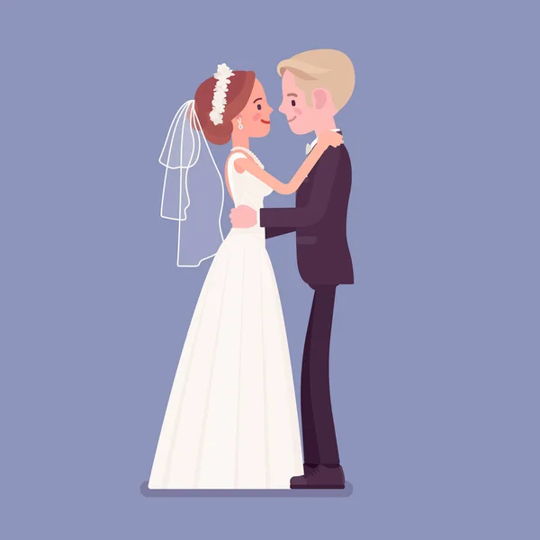 Novia y novio en suave abrazo en la ceremonia de la boda — Archivo Imágenes Vectoriales