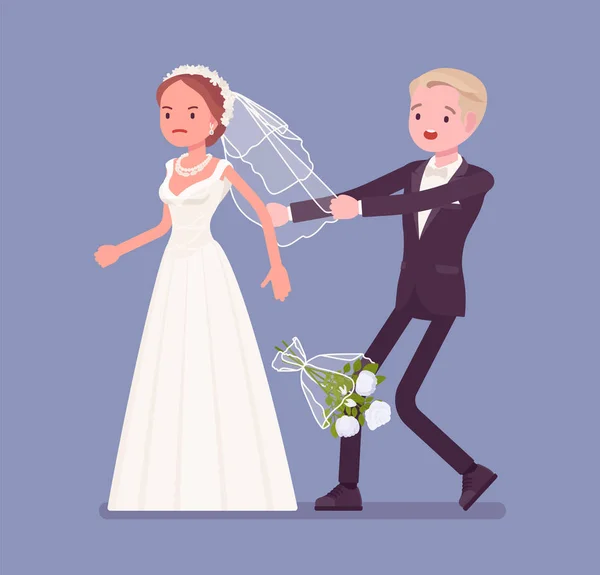 Angry bride leaving groom on wedding ceremony — Stock Vector