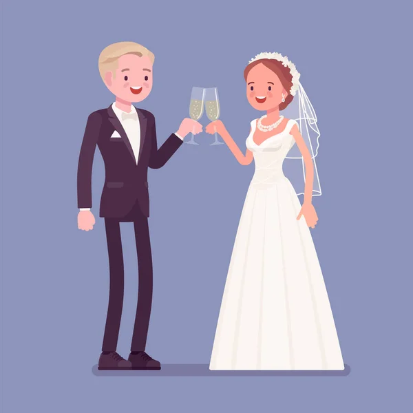 Braut und Bräutigam genießen Drinks bei Hochzeitsfeier — Stockvektor
